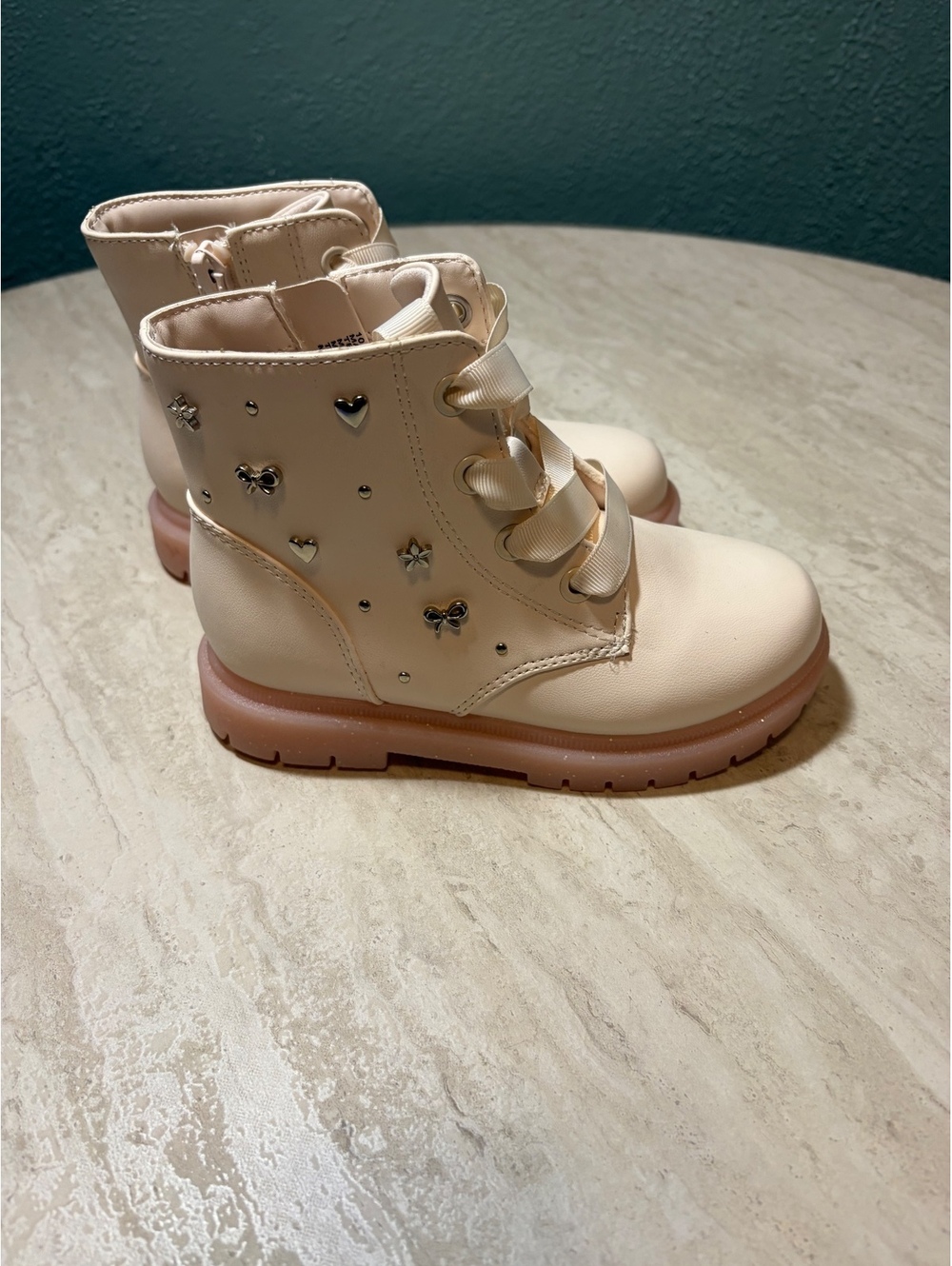 Cat & Jack Girls' Cream Ankle Boots with Ribbon Laces and Stud Accents